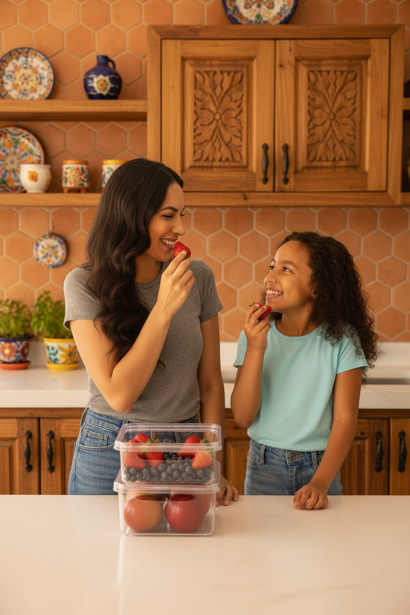 Colombiana com cesto de frutas lavando e organizando