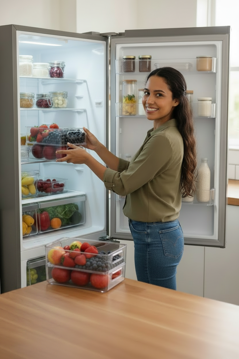 Colombiana com organizadores e frutas na mesa